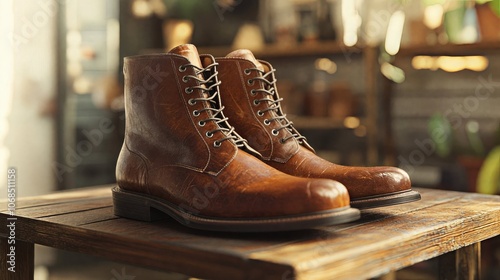 Wallpaper Mural A pair of rustic brown leather boots with laces sit on a wooden table, showcasing a vintage, rugged style. The soft, natural light highlights their texture and  Torontodigital.ca