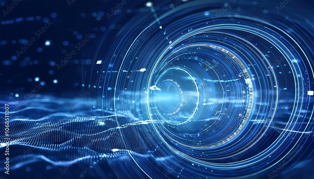 Fototapeta premium A circular glowing blue technological interface radiates light and data streams against a dark backdrop