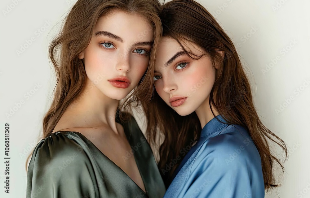 Two beautiful women in an olive green satin blouse with long sleeves, one woman is wearing the shirt and another model next to her has it draped over her shoulders Two beautiful women in an olive green satin blouse with long sleeves, one woman is wearing the shirt and another model next to her has it draped over her shoulders