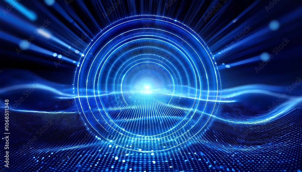 Obraz premium A circular glowing blue technological interface radiates light and data streams against a dark backdrop