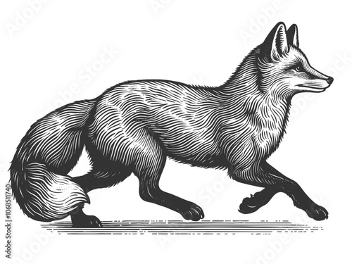 fox in motion, capturing the grace and agility of the animal in a dynamic pose sketch engraving generative ai vector illustration. Scratch board imitation. Black and white image.