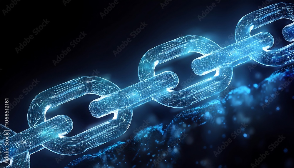A glowing blue chain made of dots against a black background, representing interconnectedness and the strength of a united network A glowing blue chain made of dots against a black background, representing interconnectedness and the strength of a united network