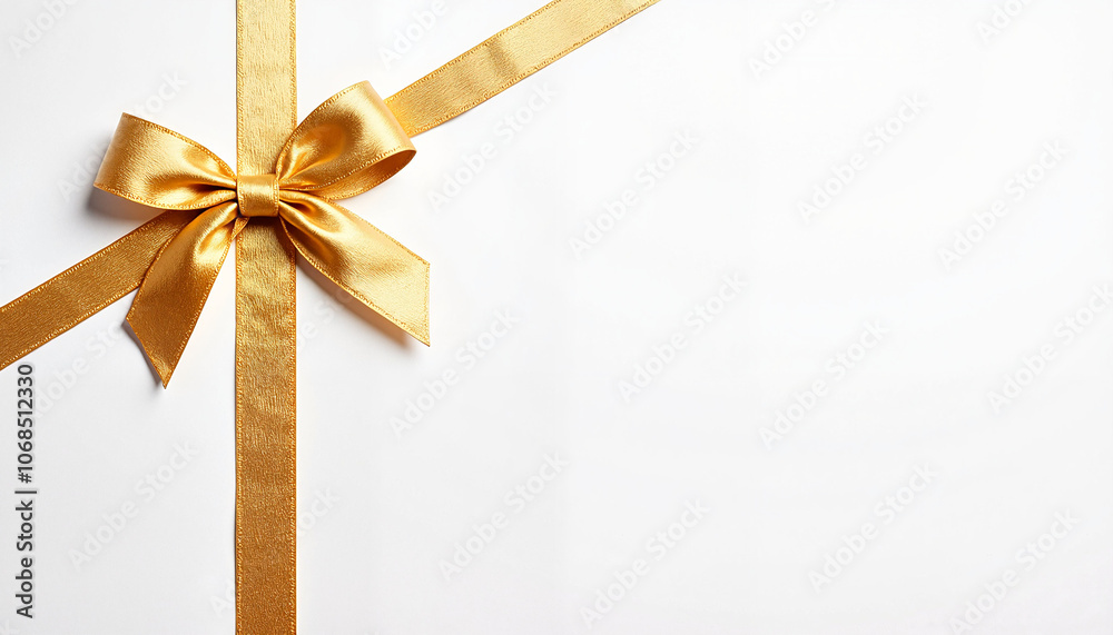 Close-up of a gift with a golden ribbon on a plain white background, bonuses and rewards theme Close-up of a gift with a golden ribbon on a plain white background, bonuses and rewards theme