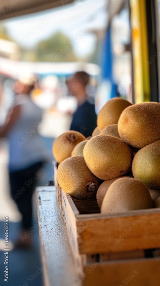 A wooden crate filled with ripe fruits in a market setting, with blurred figures in the background.