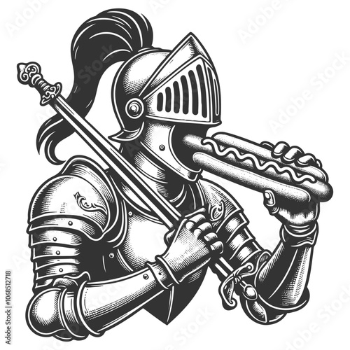 medieval knight in armor holding a giant hot dog, humorously blending historical and modern elements sketch engraving generative ai vector illustration. Scratch board imitation. Black and white image.