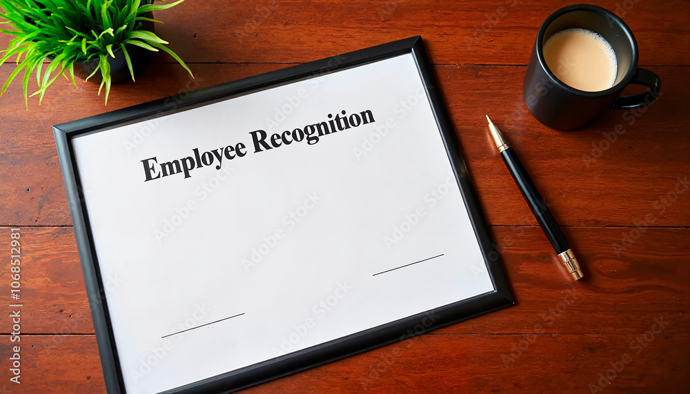 Fototapeta premium Employee recognition certificate on a wooden table with a cup of coffee and a plant, bonuses and rewards theme 
