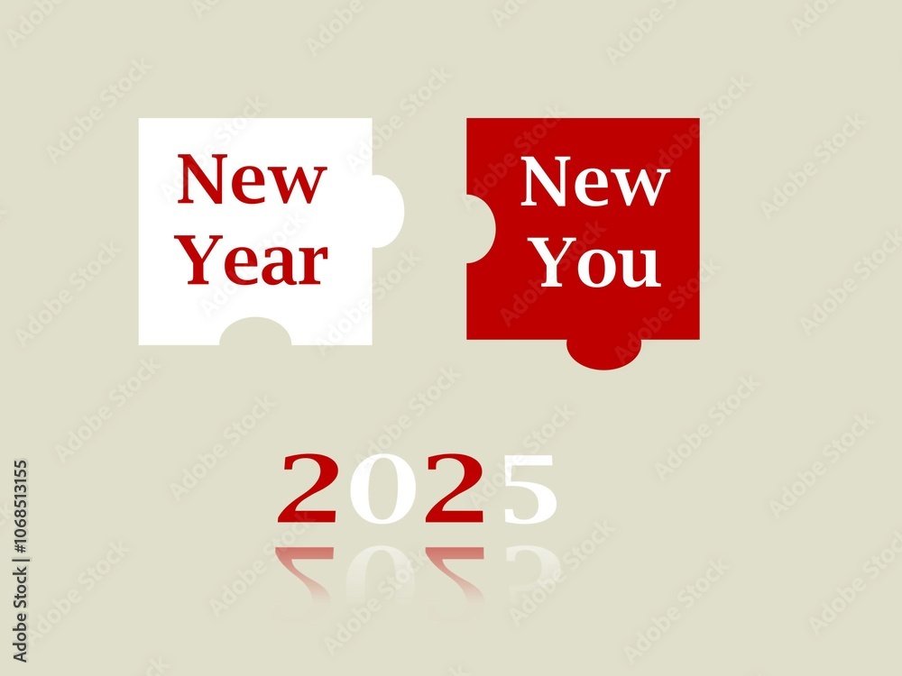 White and red pieces of jigsaw puzzle with word New Year and New You. 2025 also written in red and white colors. White and red pieces of jigsaw puzzle with word New Year and New You. 2025 also written in red and white colors.