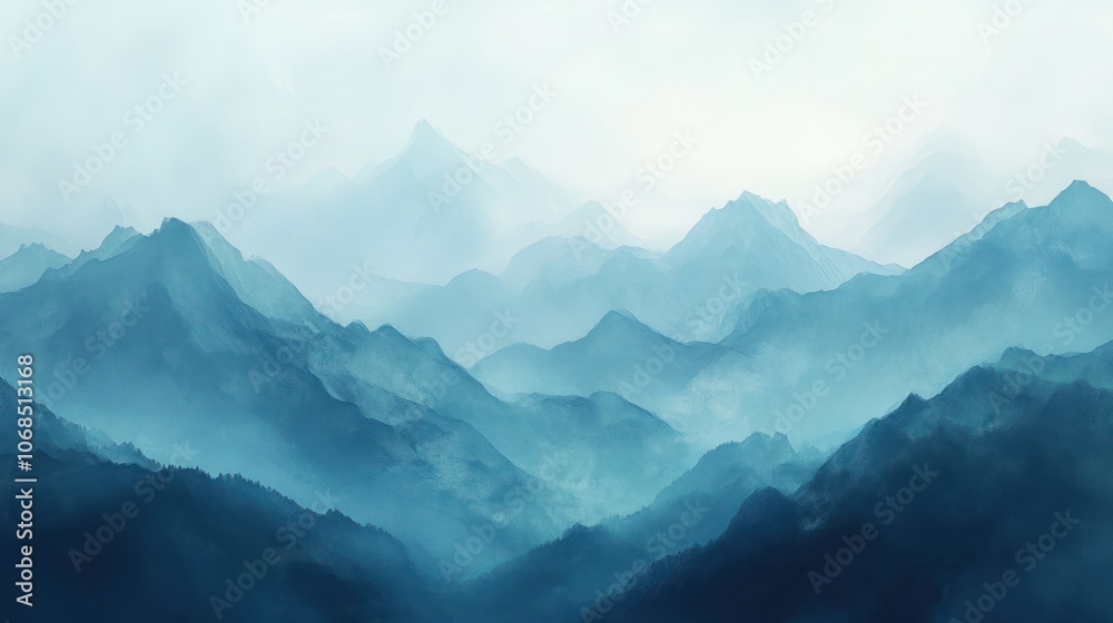 Misty mountain ranges with a soft blue hue, creating a peaceful and ethereal atmosphere. Misty mountain ranges with a soft blue hue, creating a peaceful and ethereal atmosphere.