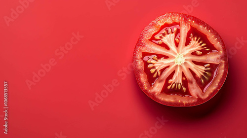 A close-up image of a tomato cut in half. The tomato is juicy and has a red, ripe interior. The seeds are visible in the center of the tomato. photo