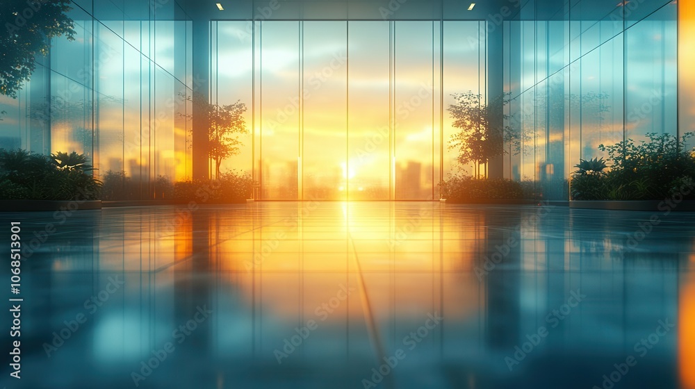 business building lobby with a blurred, empty interior creates a sense of spaciousness, illuminated by soft light streaming through glass walls, evoking a modern, corporate ambiance