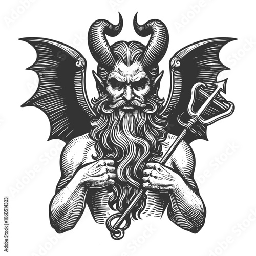 horned demon holding a trident, featuring wings and a menacing expression, mythology and darkness sketch engraving generative ai vector illustration. Scratch board imitation. Black and white image.
