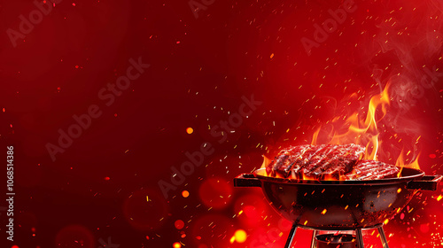 A delicious and juicy steak sizzling on a hot grill. The perfect backyard barbecue for a summer cookout. photo