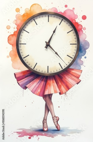 A surreal print of a watercolor clock whose hands dance to the rhythm of a ballet. Print for T-shirt, wallpaper, screensaver. invitations. High quality card.