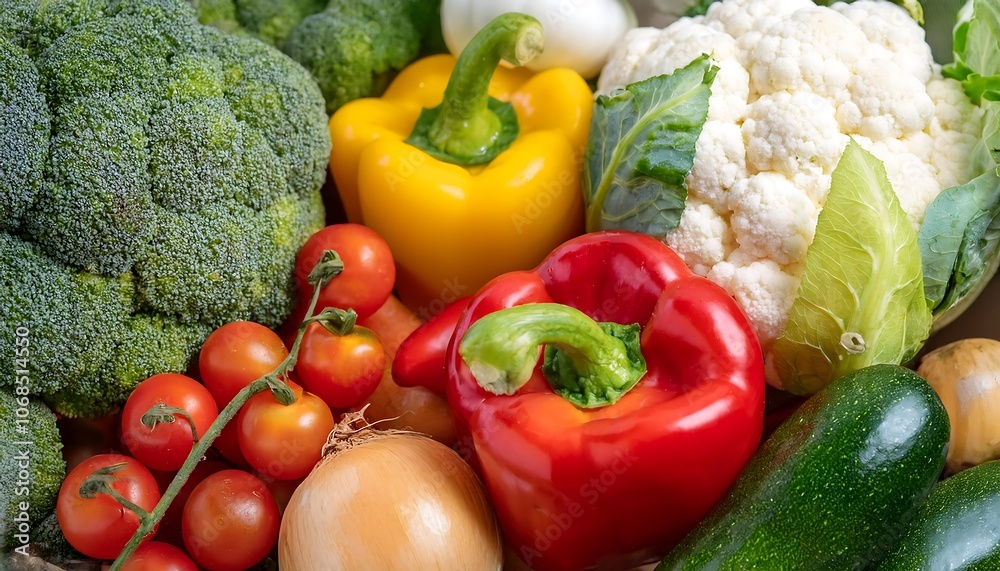 A variety of fresh vegetables such as red and yellow bell peppers green zucchini cauliflower broccoli florets cabbage cherry tomatoes and white onions A variety of fresh vegetables such as red and yellow bell peppers green zucchini cauliflower broccoli florets cabbage cherry tomatoes and white onions