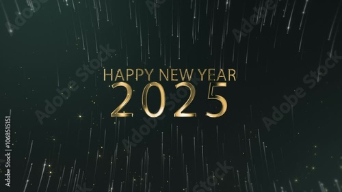 Numbers 2025 on a starry black background written with golden text. Animated text that says Happy New Year 2025. 3D Illustration.