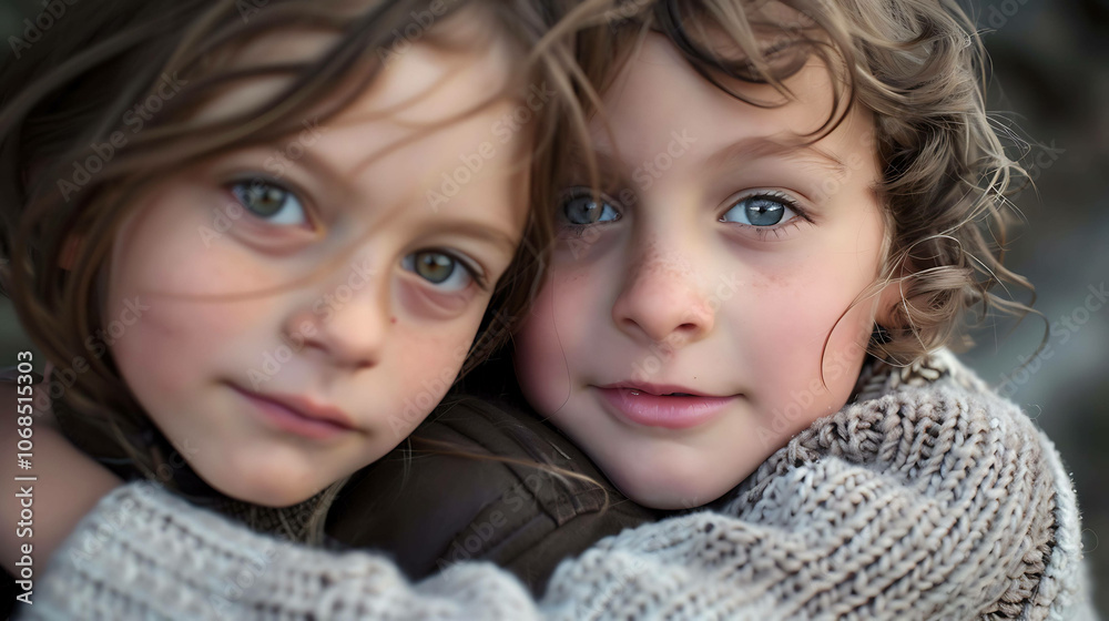 Two sisters with beautiful eyes wrapped in a blanket Two sisters with beautiful eyes wrapped in a blanket