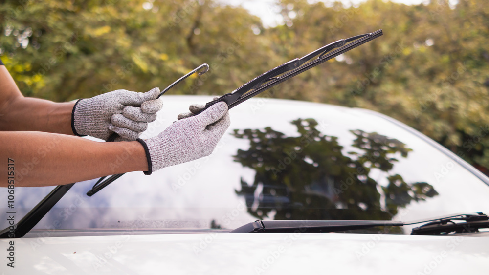 mechanic is checking car wiper blades to replace new wiper blades for car during the rainy season because when it rains it can be used at full efficiency. Checking and cleaning the car wiper blades