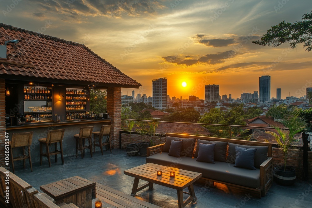 Fototapeta premium Stunning Rooftop View: Experience Sunset Bliss Over the City Skyline from a Serene Outdoor Lounge