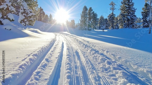 Landscape snowmobile track on a winter morning in a snowy forest