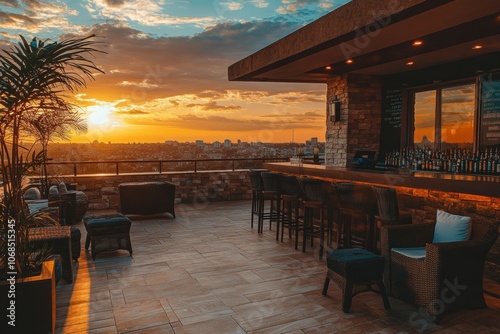 Elegant Rooftop Bar with Stunning Sunset Views Over the City: A Perfect Spot for Relaxation and Evening Gatherings