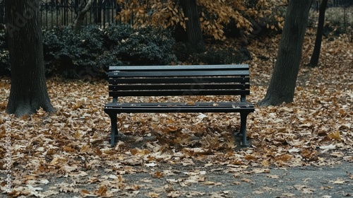 Empty park bench surrounded by fallen leaves, representing quiet November afternoons