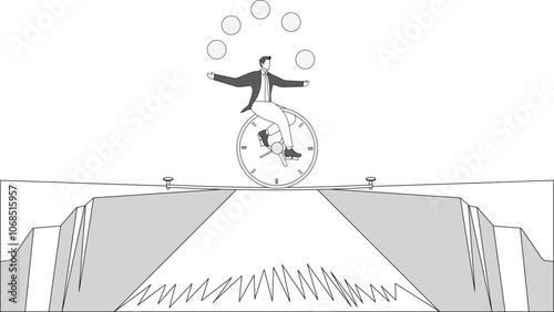 Businessman juggling balls and riding unicycle with time clock tire on a rope, concept about multi-tasking and time management