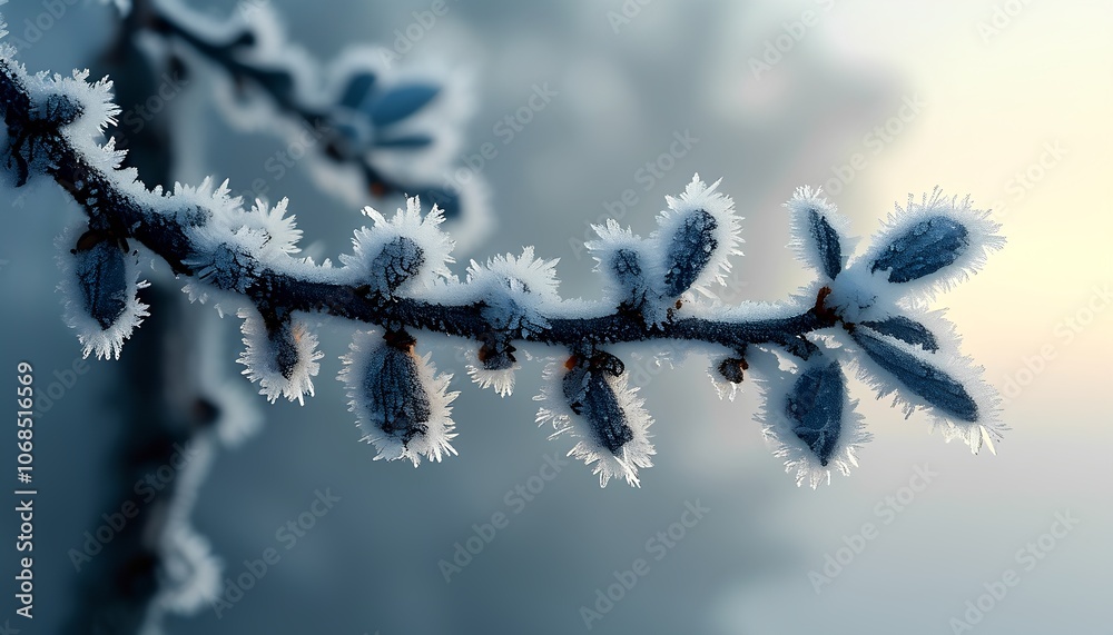 Frost-covered branch in focus against blurred, cold winter background. Frost-covered branch in focus against blurred, cold winter background.