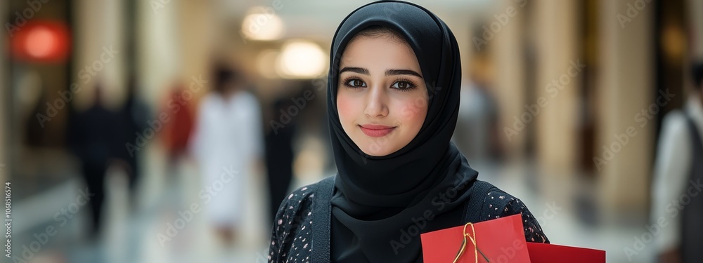Joyful Muslim Shopper at Dubai Shopping Festival.Concept of festive shopping, holiday cheer, cultural diversity, global shopping destinations, Dubai Shopping Festival, winter shopping, retail therapy, Joyful Muslim Shopper at Dubai Shopping Festival.Concept of festive shopping, holiday cheer, cultural diversity, global shopping destinations, Dubai Shopping Festival, winter shopping, retail therapy,