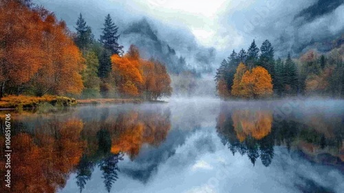 Foggy lake surrounded by autumn trees, representing the serene beauty of November