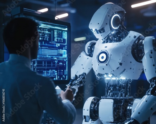 Person programming a robot, working on AI development and futuristic technology concepts photo