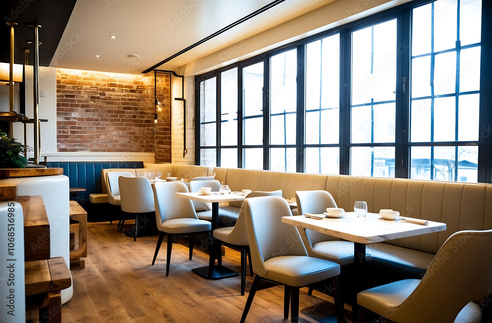 Fototapeta premium Modern cafe interior with chairs and eating tables in row, panoramic window