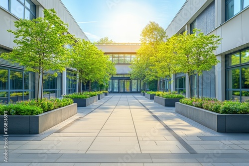 Bright and Serene Courtyard: A Tranquil Space Enhanced by Lush Greenery and Modern Architecture Bathed in Warm Sunshine