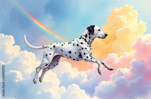 A cute Dalmatian flying on a cloud with a rainbow illustration. Print, wallpaper, screensaver, background, illustration, fabulous picture.