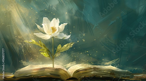 A vibrant flower blossoming from the pages of an open Bible. Faith, hope, spiritual,religion,sacred,holy,life,spirituality,inspiration, spiritual growth, spiritual journey