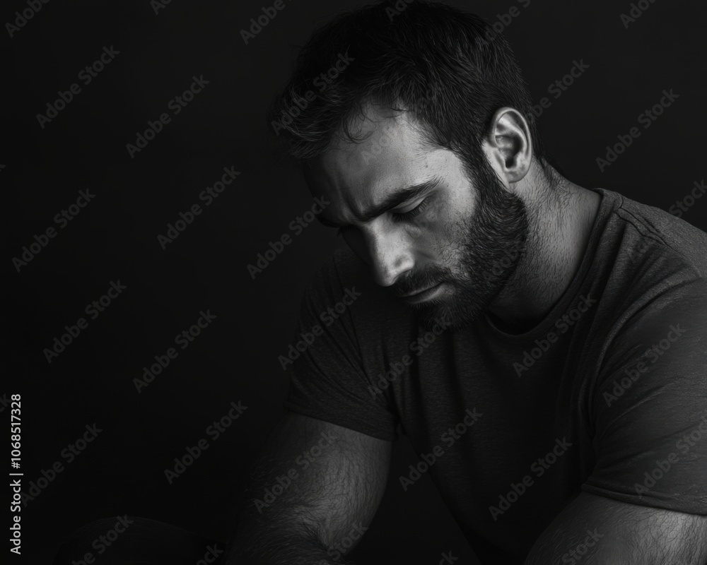 Dramatic black and white portrait of a man expressing vulnerability and emotions Dramatic black and white portrait of a man expressing vulnerability and emotions
