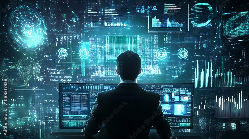 Man in Suit Analyzing Data on Multiple Screens Man in Suit Analyzing Data on Multiple Screens