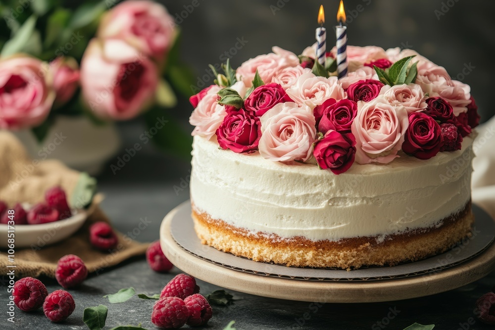 Elegant Floral Cake with Pink and Red Roses, Celebratory Candles, and a Touch of Fresh Raspberries Perfect for Birthdays and Special Occasions Elegant Floral Cake with Pink and Red Roses, Celebratory Candles, and a Touch of Fresh Raspberries Perfect for Birthdays and Special Occasions