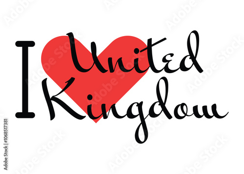 I love United Kingdom. Hand drawn letters with red heart. Vector illustration, lettering in modern design