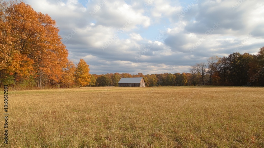 Golden field with a distant barn under a cloudy November sky, representing rustic fall beauty Golden field with a distant barn under a cloudy November sky, representing rustic fall beauty