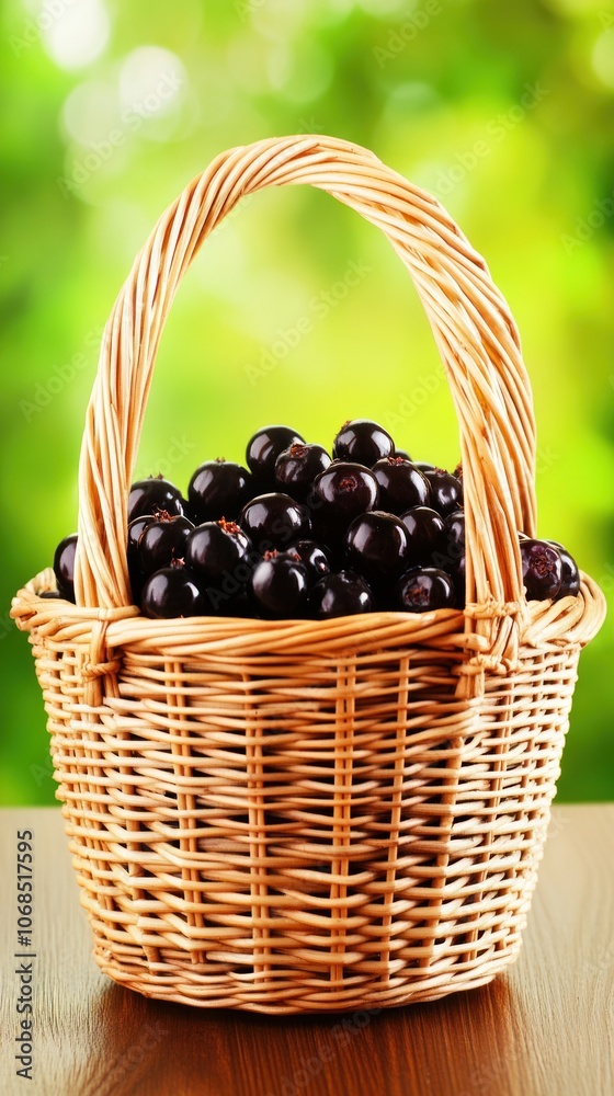 A woven basket filled with dark grapes, set against a blurred green background. A woven basket filled with dark grapes, set against a blurred green background.