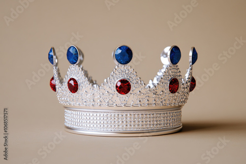 Silver crown adorned with vibrant blue and red jewels, intricately designed, gleaming in ultra HD, perfect for regal themes and elegant displays. photo