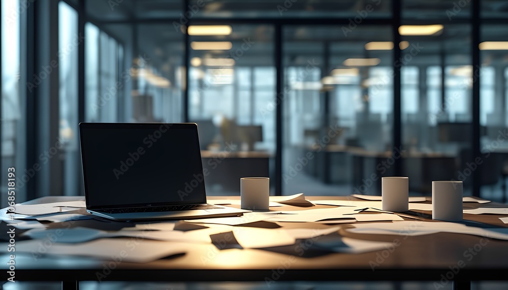 Empty open-plan office with natural light, evoking solitude and calm. Empty open-plan office with natural light, evoking solitude and calm.