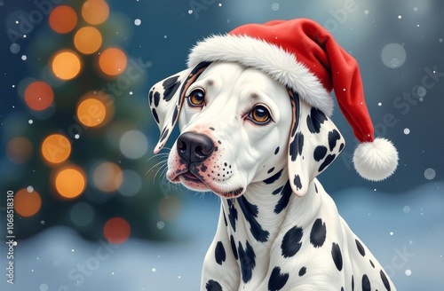 Adorable Dalmatian sits full-length, wearing a Santa hat, with blurred lights of a Christmas tree in the background