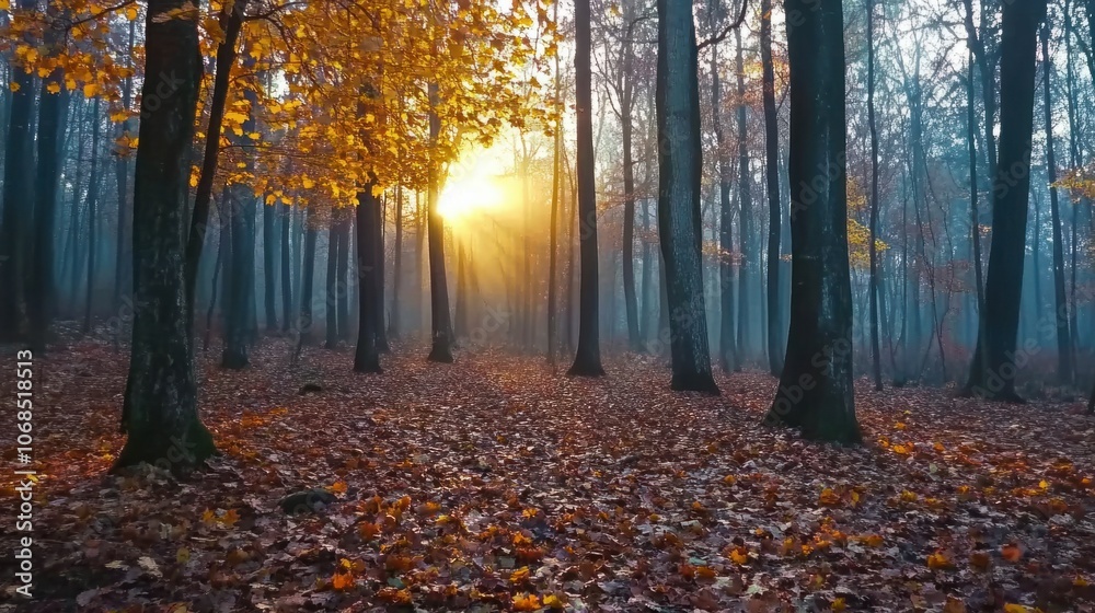Misty November forest with fallen leaves and a soft sunrise, capturing a serene autumn mood Misty November forest with fallen leaves and a soft sunrise, capturing a serene autumn mood