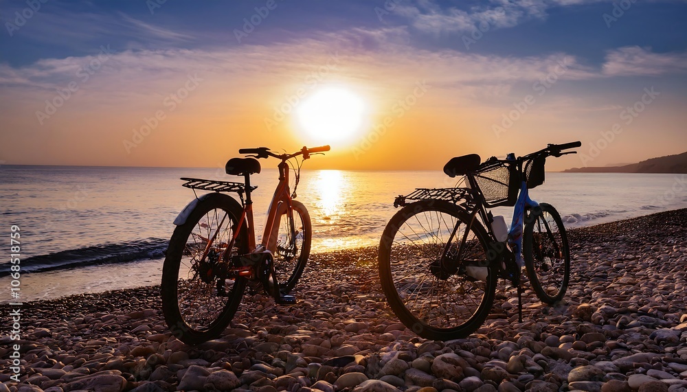 Obraz premium Two bicycles are parked on a sandy beach during sunset, their shadows stretching across the sand.