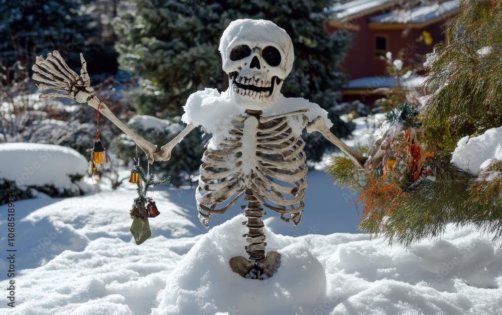 Skeleton Snowman A snowman with skeleton bones showing through the snow, decorated with holiday accessories