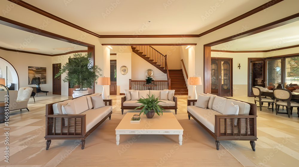 Fototapeta premium Stylish modern living room featuring comfortable seating, a central coffee table, elegant décor, and a staircase, creating a warm and inviting atmosphere for relaxation and gatherings.