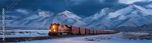 Freight train loaded with colorful containers traveling through a scenic landscape, symbolizing global trade and logistics.