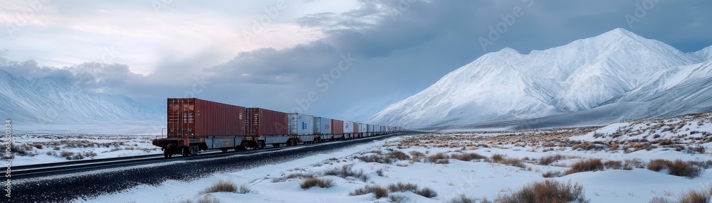 Freight train loaded with colorful containers traveling through a scenic landscape, symbolizing global trade and logistics. Freight train loaded with colorful containers traveling through a scenic landscape, symbolizing global trade and logistics.