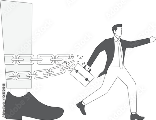 Small Businessman escaping from the big foot